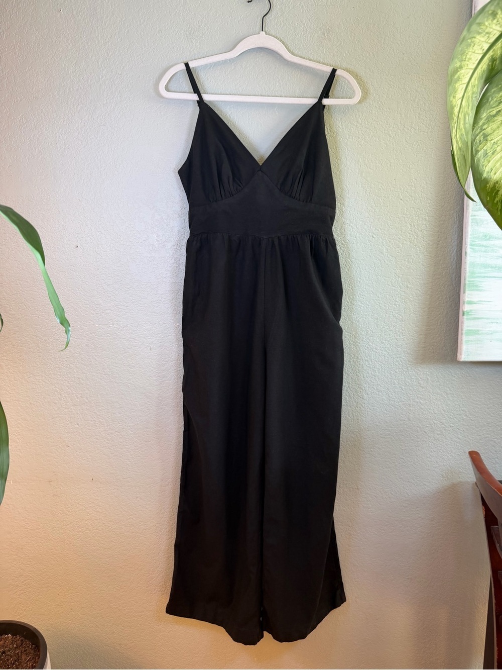 Japna Linen Blend Black Sweatheart Neckline Wide Leg Bohemian Flowy Jumpsuit L